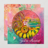 MÄDCHEN DER SONNENBLUMEN Gelbgrün, rosa Funkeln Einladung (Vorne/Hinten)