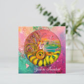 MÄDCHEN DER SONNENBLUMEN Gelbgrün, rosa Funkeln Einladung (Stehend Vorderseite)