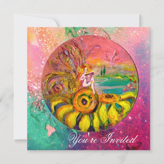 MÄDCHEN DER SONNENBLUMEN Gelbgrün, rosa Funkeln Einladung (Vorderseite)
