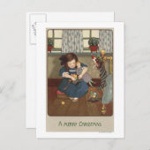 Mädchen, die ihre Schuhe mit Goodies überprüfen Postkarte (Vorne/Hinten)