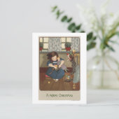 Mädchen, die ihre Schuhe mit Goodies überprüfen Postkarte (Stehend Vorderseite)