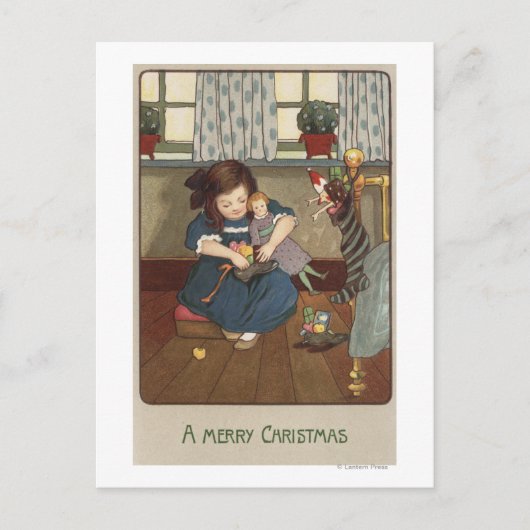 Mädchen, die ihre Schuhe mit Goodies überprüfen Postkarte (Vorderseite)