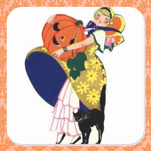 Mädchen, die Pumpkin mit schwarzer Katze tragen Quadratischer Aufkleber