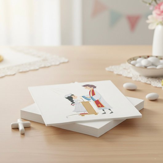 Mädchen, die religiöse Zeitung Napkins erhalten Serviette