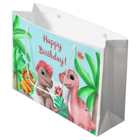 Mädchen-Dinosaurier-Geburtstag Große Geschenktüte (Vorderseite Schrägansicht)