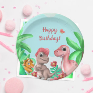 Mädchen-Dinosaurier-Geburtstag Pappteller