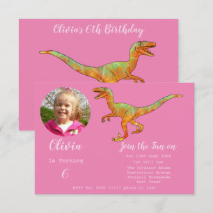 Mädchen Dinosaurier Geburtstag Velociraptor Party  Einladung