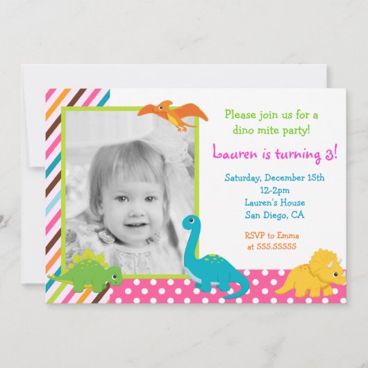 Mädchen-Dinosaurier-Geburtstags-Einladung für Einladung (Vorderseite)