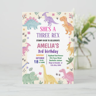 Mädchen drei Rex Dinosaurier 3. Geburtstag Einladung