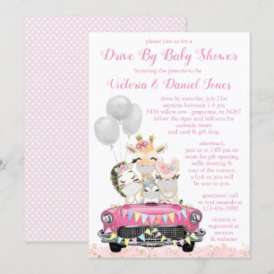 Mädchen Drive By Baby Shower Süße Tiere im Auto Einladung