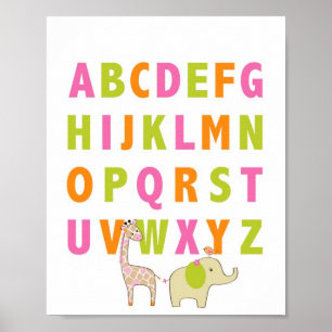 Mädchen Dschungel Tier Alphabet Kinderzimmer Wand Poster