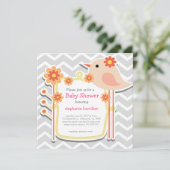 Mädchen Dusche graue Zickzack Blume Vögel Einladung (Stehend Vorderseite)