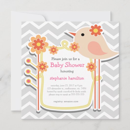 Mädchen Dusche graue Zickzack Blume Vögel Einladung (Vorderseite)