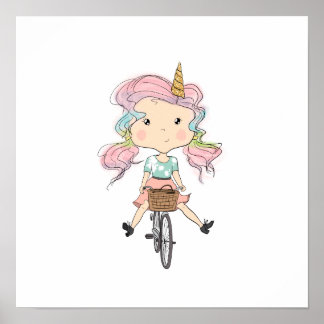 Mädchen Einhorn auf dem Fahrrad Poster
