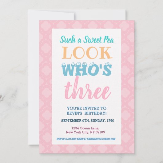 Mädchen Einladung zum dritten Geburtstag (Vorderseite)