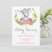 Mädchen-Elefant-Babyparty-Einladungs-Rosa und Grau Einladung (Stehend Vorderseite)