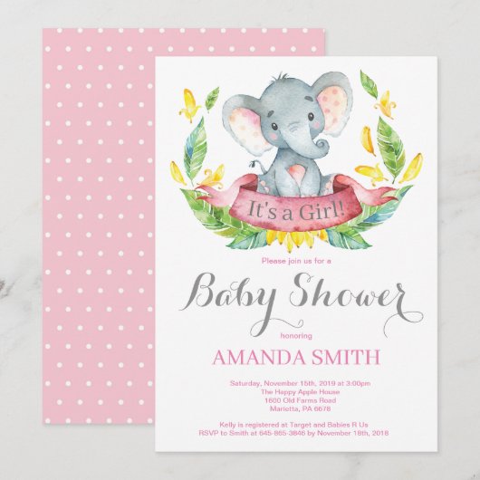 Mädchen-Elefant-Babyparty-Einladungs-Rosa und Grau Einladung (Vorne/Hinten)