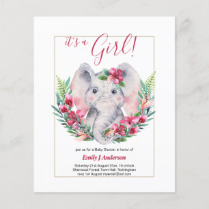 MÄDCHEN Elefant Blumen Baby Shower GESCHLECHTSENTH Flyer