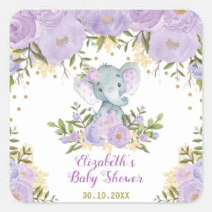 Mädchen-Elefant-lila GoldBlumen-Baby-Dusche Quadratischer Aufkleber