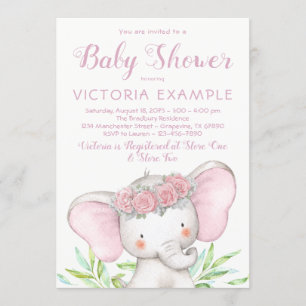 Mädchen Elefant Rosa Rosen Wasserfarbe Baby Shower Einladung