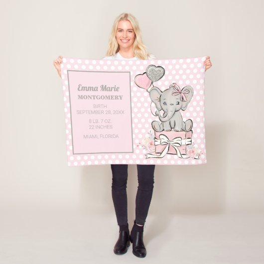 Mädchen Elefant Rosa Silber Geburtsanzeige Fleecedecke (Beispiel)