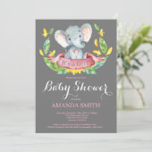 Mädchen Elephant Baby Dusche Einladung Rosa und Gr (Stehend Vorderseite)