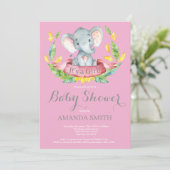 Mädchen Elephant Baby Dusche Einladung Rosa und Gr (Stehend Vorderseite)