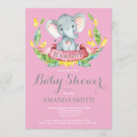Mädchen Elephant Baby Dusche Einladung Rosa und Gr