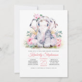 Mädchen Elephant Floral Baby Dusche Einladung (Vorderseite)