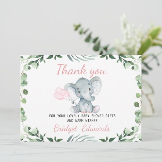 Mädchen Elephant Foliage Danke Babyduschkarte Einladung (Stehend Vorderseite)