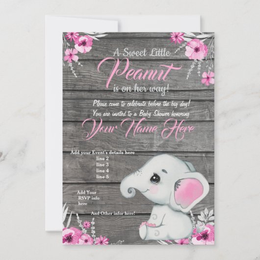 Mädchen Elephant Kinderdusche Einladung, rustikal, Einladung (Vorderseite)