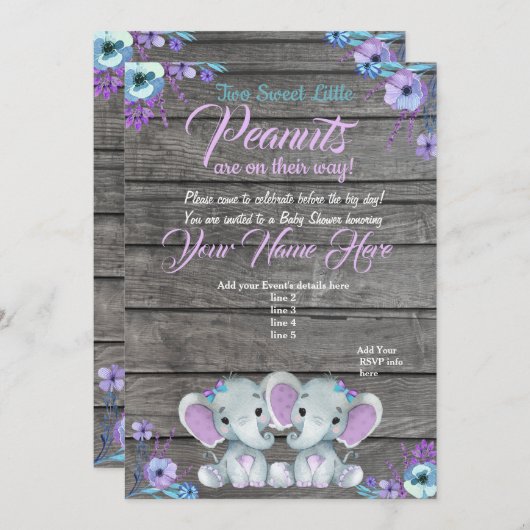 Mädchen Elephants Baby Dusche Einladung rustikal a (Vorne/Hinten)