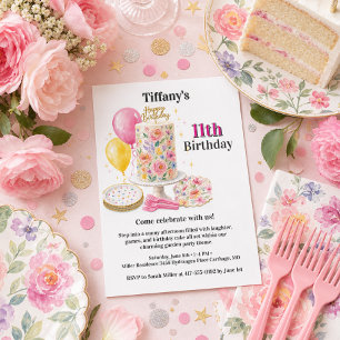 Mädchen Elf Rosa Blumiger Geburtstagskuchenparty Einladung