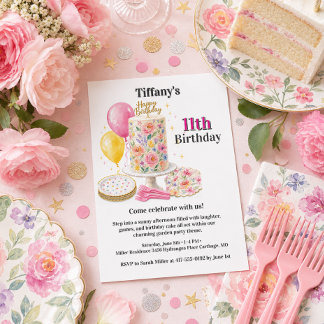 Mädchen Elf Rosa Blumiger Geburtstagskuchenparty Einladung