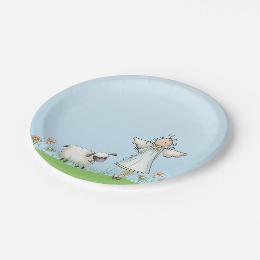 Mädchen-Engel und Lamm, Blau, religiös Pappteller (Schrägansicht)