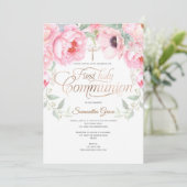 Mädchen, Erste heilige Kommune, Aquarellfarben-Blu Einladung (Stehend Vorderseite)