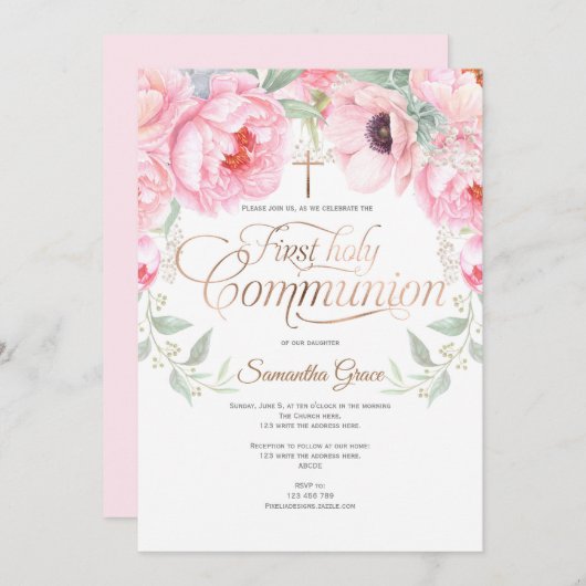 Mädchen, Erste heilige Kommune, Aquarellfarben-Blu Einladung (Vorne/Hinten)