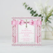 Mädchen Erste Heilige Kommune Kreuz Hübsch rosa Einladung (Stehend Vorderseite)