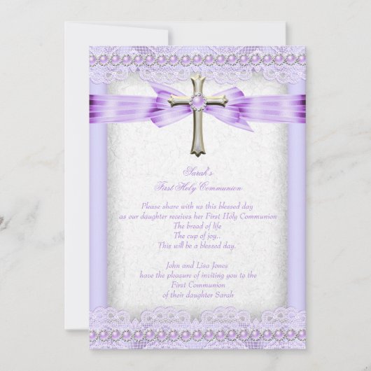 Mädchen Erste Heilige Kommune Kreuz Hübscher Laven Einladung (Vorderseite)