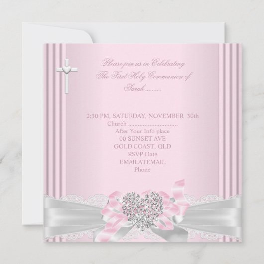 Mädchen Erste heilige Kommune Rosa Weißes graues H Einladung (Rückseite)