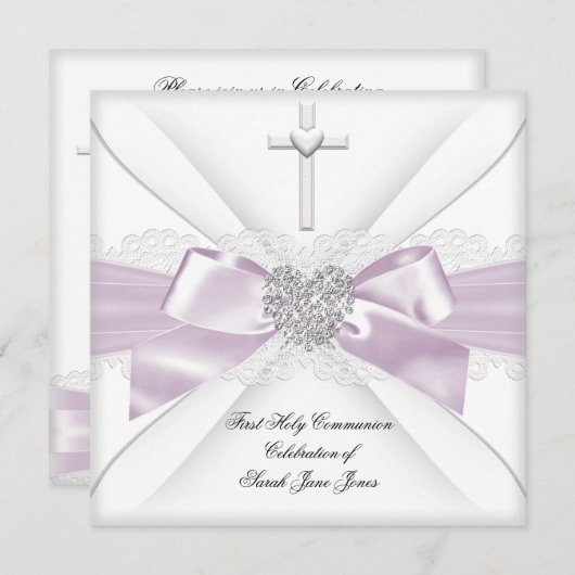 Mädchen Erste heilige Kommune Rosa Weißes Herz 2 Einladung (Vorne/Hinten)