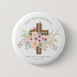 Mädchen Erste heilige Kommunion Blumenkreuz angepa Button
