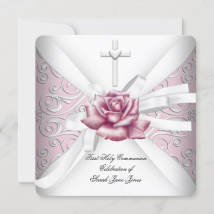 Mädchen Erste Heilige Kommunion Damast Rosa Rose W Einladung