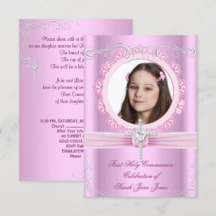 Mädchen Erste Heilige Kommunion Hübsche Pink Foto Einladung
