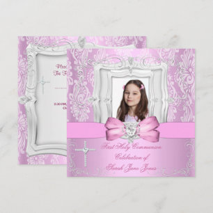 Mädchen Erste Heilige Kommunion Hübsches Rosa Foto Einladung
