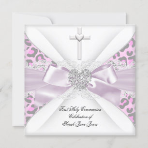 Mädchen Erste Heilige Kommunion Pink Weiß Grau Leo Einladung