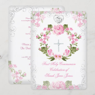 Mädchen Erste Heilige Kommunion Rosa Vintage Blume Einladung