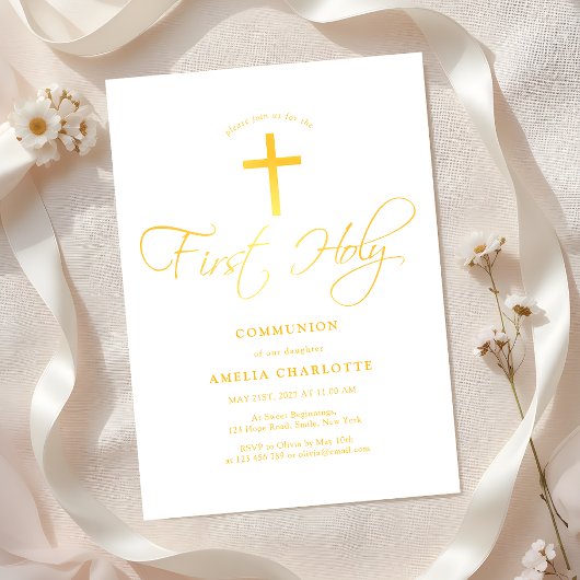 Mädchen Erste Kommune Weiß und Gelb Einladung