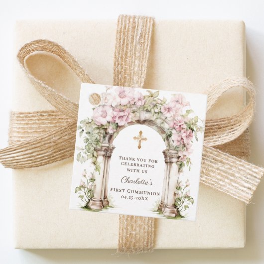 Mädchen Erste Kommunion Rosa Blumenbogen Kreuz Geschenkanhänger