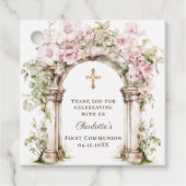 Mädchen Erste Kommunion Rosa Blumenbogen Kreuz Geschenkanhänger (Vorderseite)